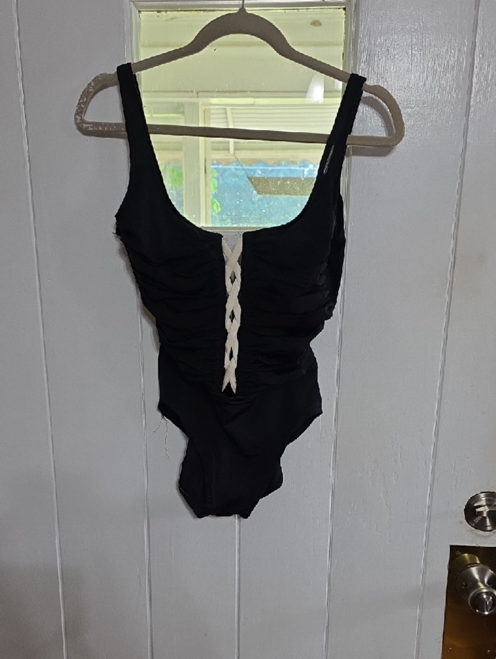 VTG Bill Blass Womens Swimsuit Black W/White Lacing Boning Ruched Sz 10 **READ**